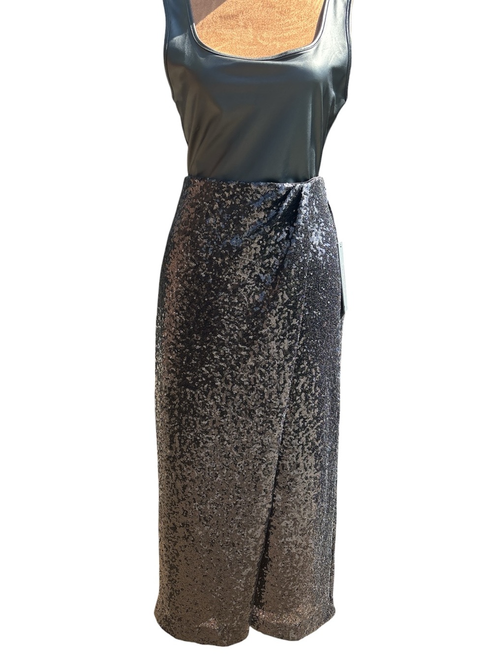 DONNA KARAN Black Sequin Faux Wrap Midi Skirt Size 10—Retail $119